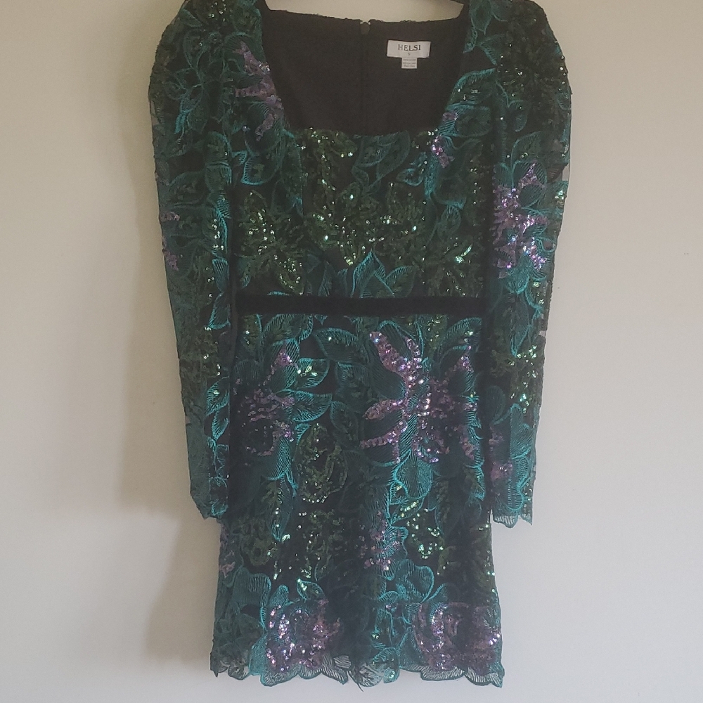 NEW HELSI ALICE FLORAL EMBROIDERED SEQUIN LONG SLEEVE COCTAIL DRESS. SIZE:SMALL - Picture 7 of 14